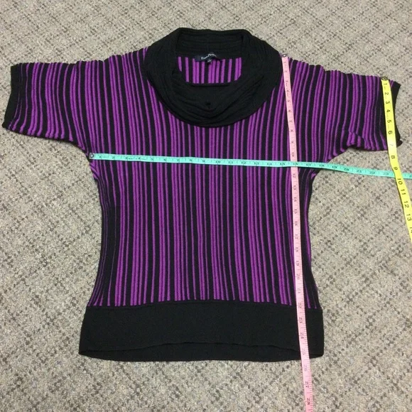 Evan Picone Cowl Neck Black Purple Fuchsia Ribbed Short Sleeve Sweater * Small - Picture 4 of 8